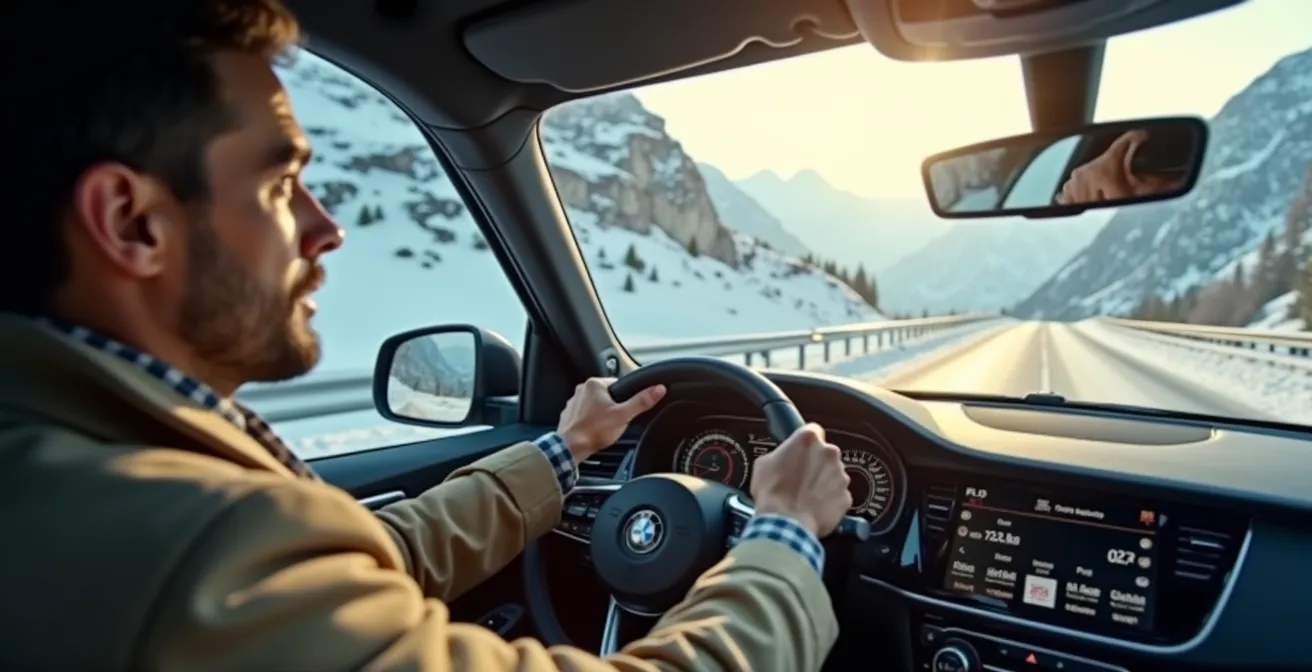 Chauffeur professionnel en montagne donnant des conseils à un voyageur avec vue sur les pentes enneigées