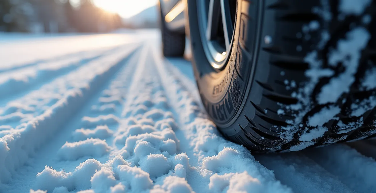 Détail rapproché des pneus hiver et équipements de sécurité spécialisés d'un véhicule de montagne