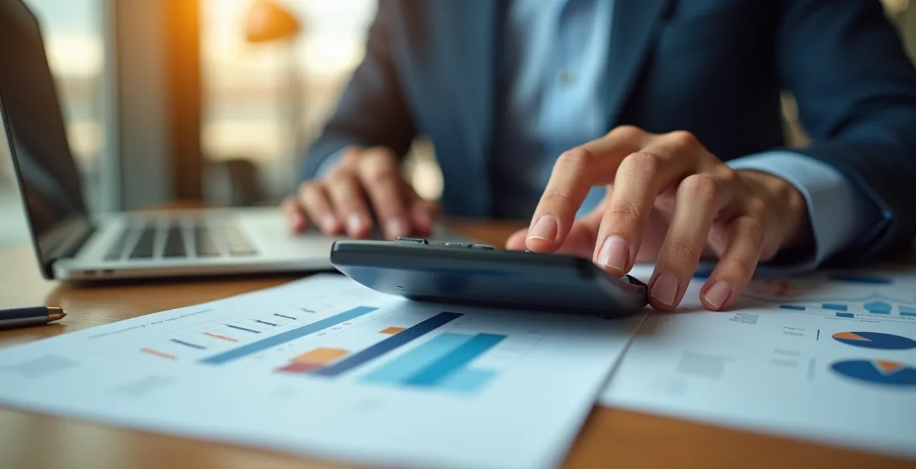 Gros plan sur des mains analysant des graphiques financiers avec calculatrice professionnelle