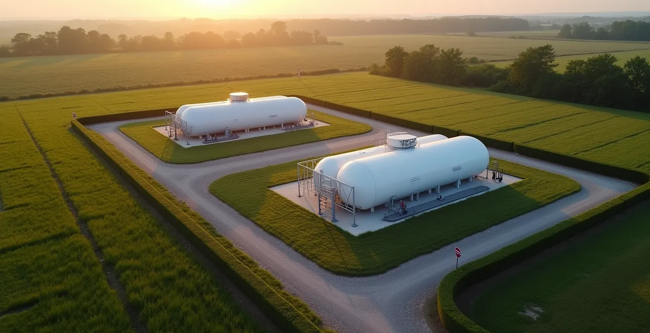 Vue aérienne minimaliste d'une installation de citerne propane dans un environnement paysager