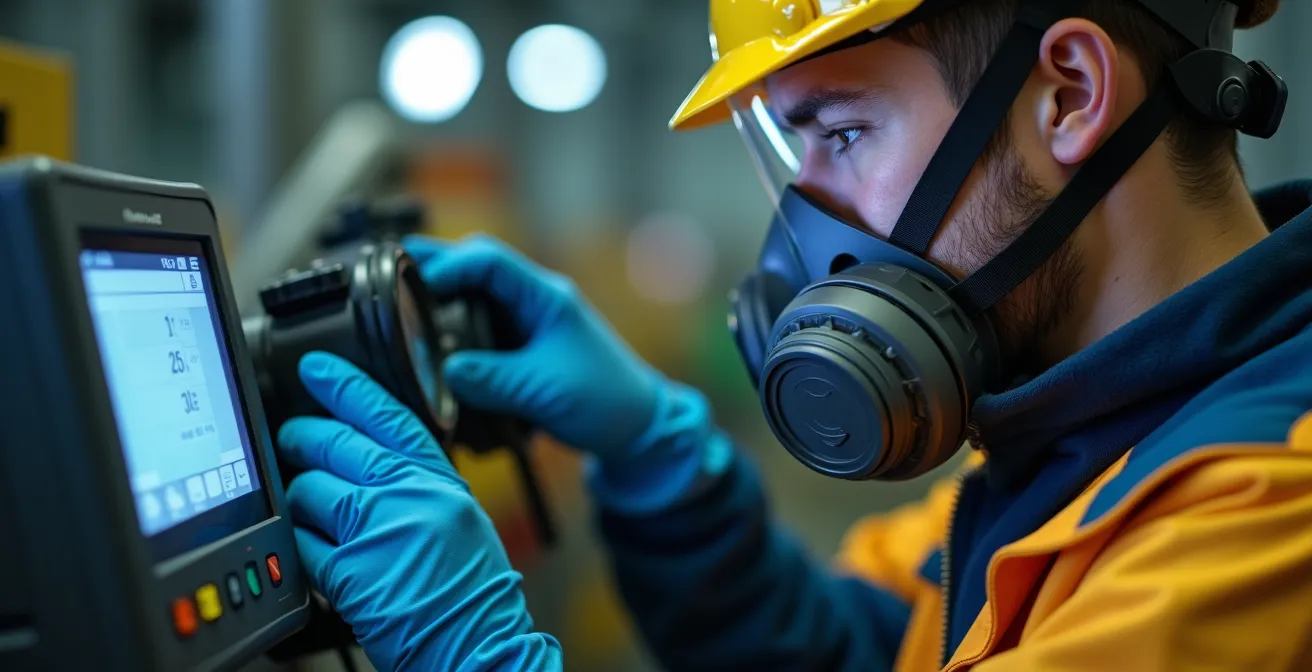 Opérateur industriel analysant des données de protection respiratoire