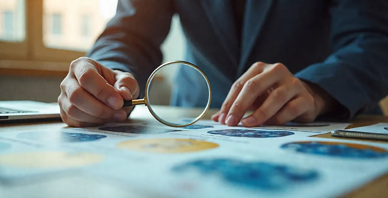 Mains tenant une loupe au-dessus de documents avec motifs abstraits