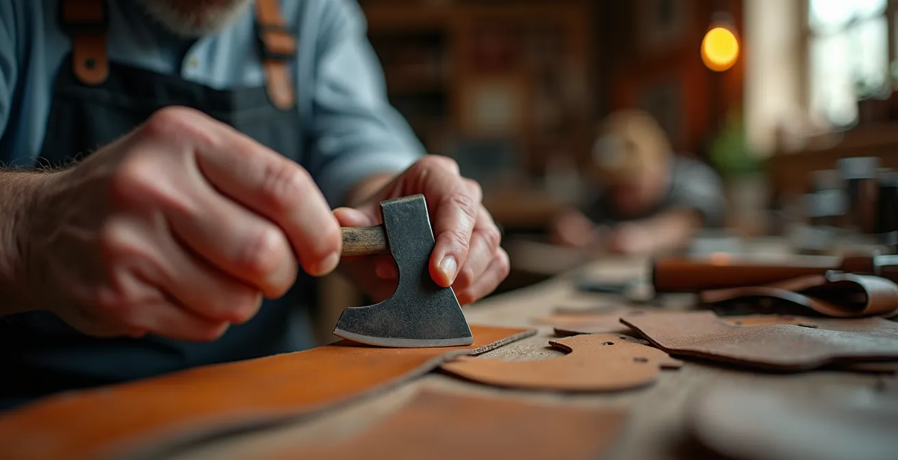 Mains d'artisan travaillant le cuir éthique dans un atelier français