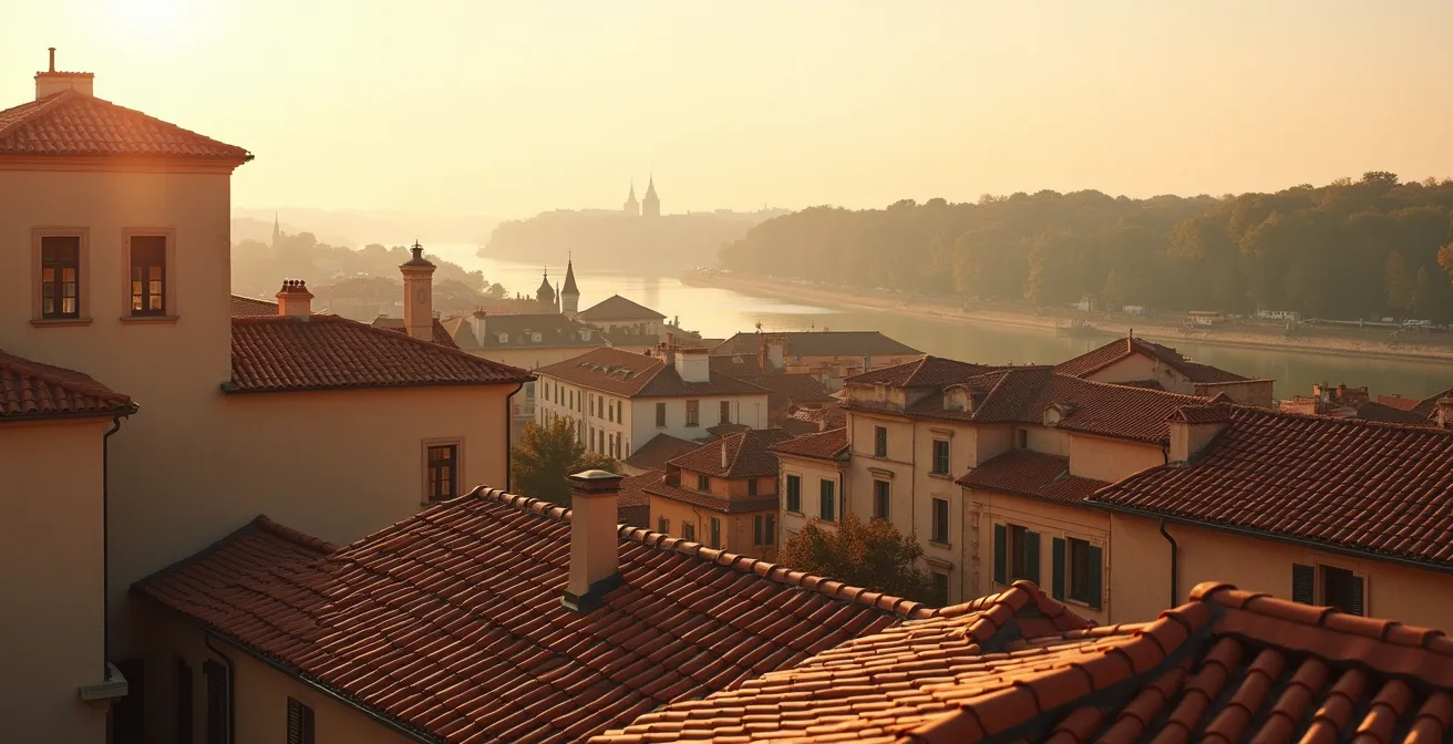 Vue aérienne des toits de Bordeaux avec la Garonne en arrière-plan