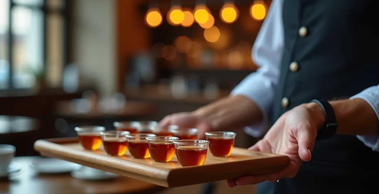 Sommelier présentant une sélection de thés bio dans un restaurant gastronomique