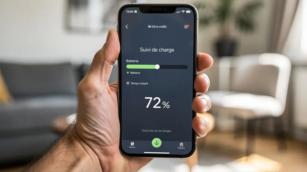 Smartphone affichant une application de suivi de recharge pour véhicule électrique