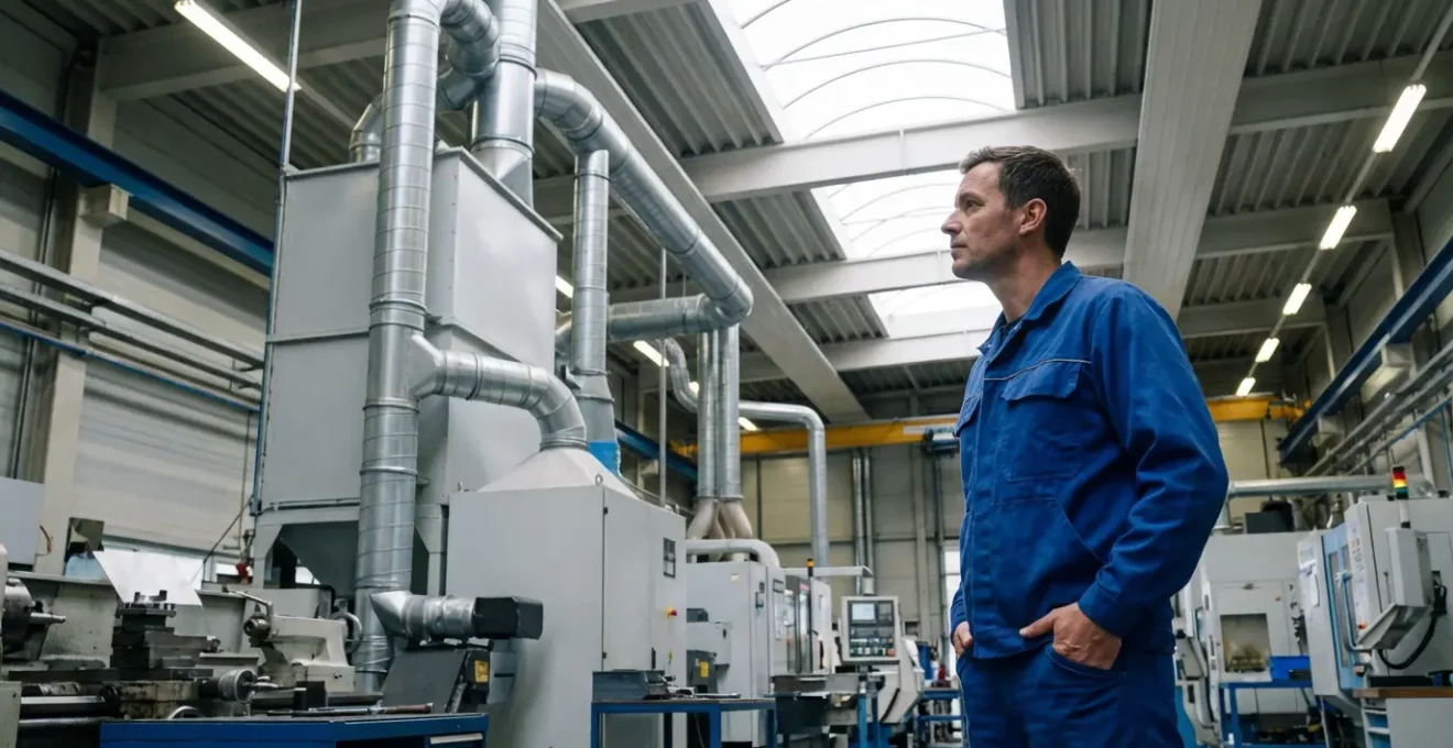 Technicien observant un système de dépoussiérage industriel dans un atelier de métallurgie