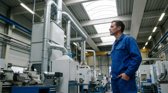 Technicien observant un système de dépoussiérage industriel dans un atelier de métallurgie