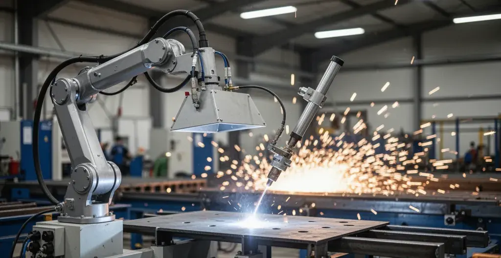 Bras articulé d'extraction positionné au-dessus d'un poste de soudage industriel