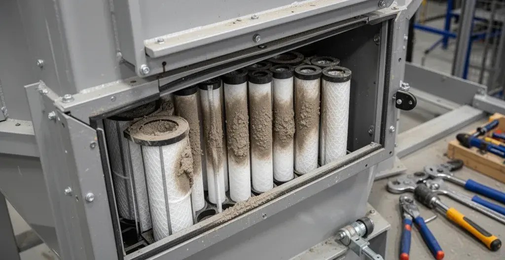 Compartiment de filtration ouvert montrant des cartouches filtrantes encrassées