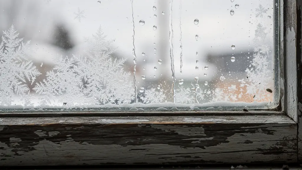 Condensation visible entre les vitres d'une ancienne fenêtre défaillante en hiver