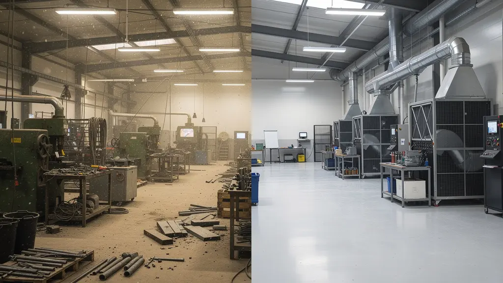 Contraste entre une zone d'atelier poussiéreuse et une zone équipée de système de filtration