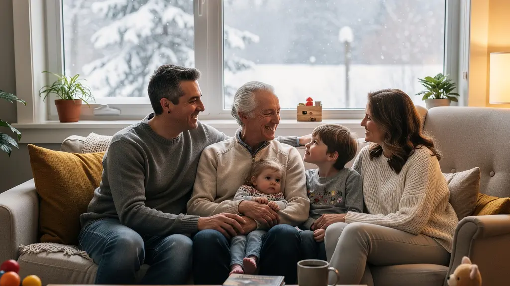 Famille québécoise dans un salon lumineux avec fenêtres PVC modernes en hiver