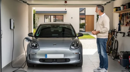 Véhicule électrique branché à une borne de recharge murale dans un garage résidentiel français