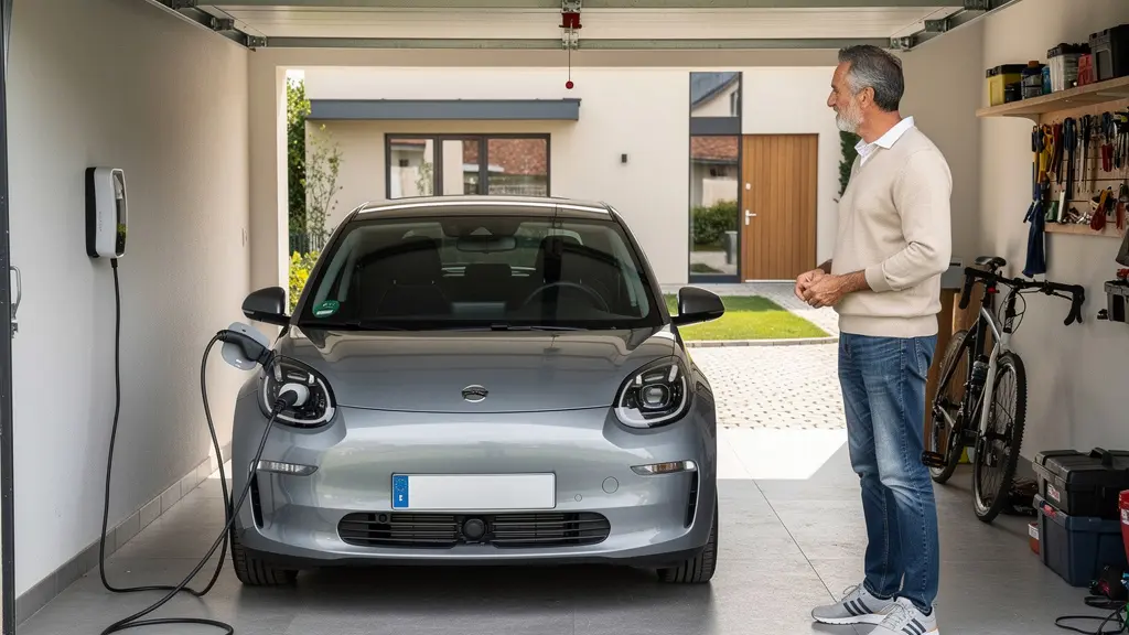 Véhicule électrique branché à une borne de recharge murale dans un garage résidentiel français