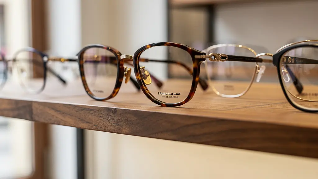 Montures de lunettes créateurs exposées sur étagère en bois dans boutique optique