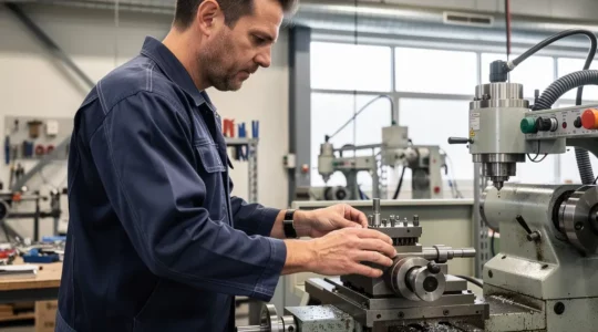 Opérateur industriel concentré sur une tâche de précision dans un atelier équipé de filtration d'air