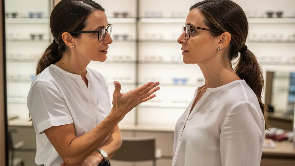 Opticienne conseillant une cliente devant un miroir en boutique à Cholet