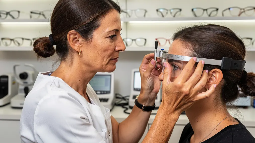 Opticienne utilisant un appareil de mesure pour le centrage des verres sur une cliente