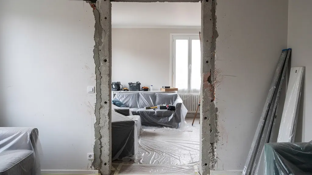 Ouverture rectangulaire réalisée par sciage dans mur porteur béton avec linteau métallique