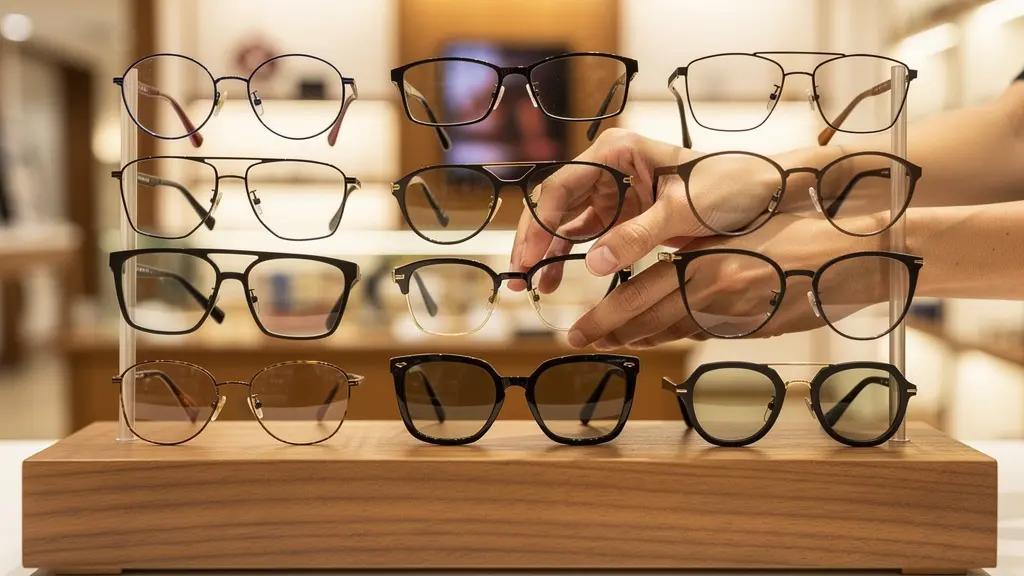 Présentoir de montures de lunettes variées dans une boutique optique