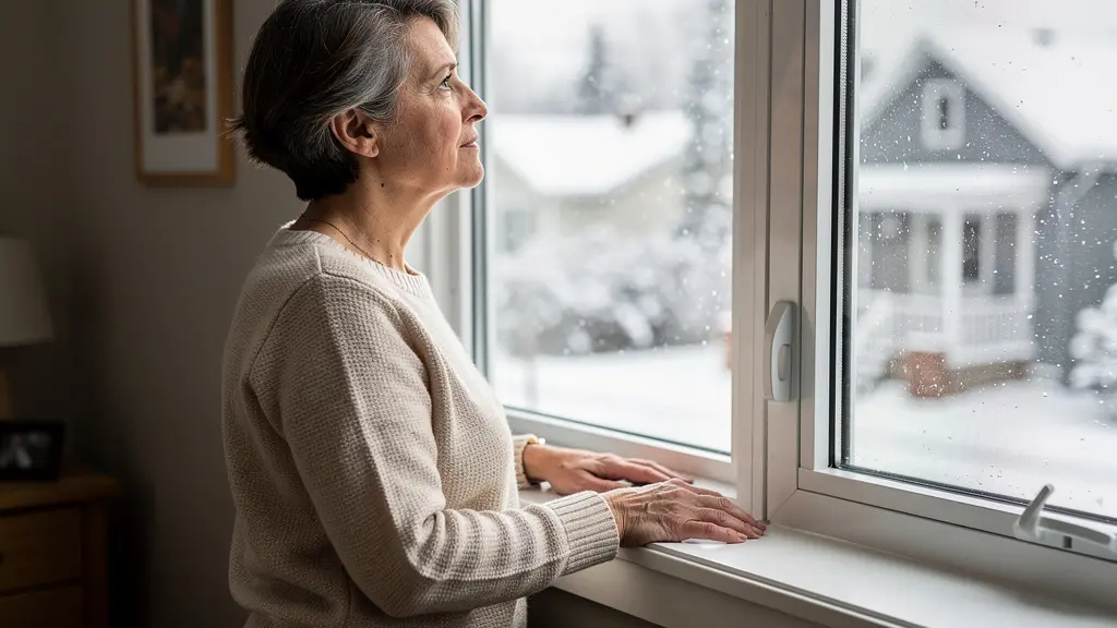 Propriétaire observant l'hiver québécois par une fenêtre PVC isolante moderne