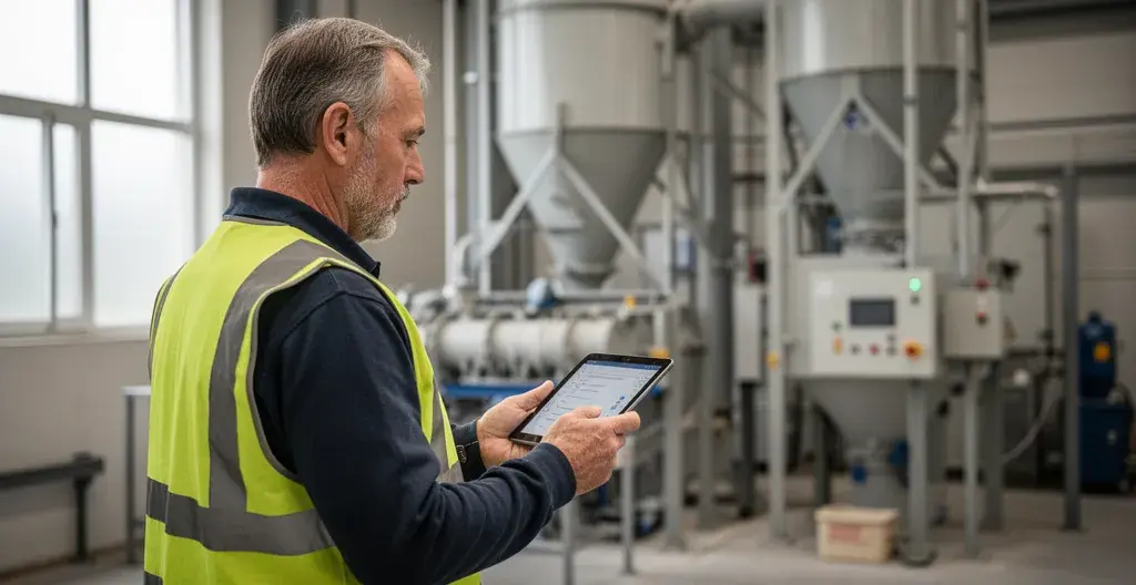 Responsable maintenance consultant une tablette devant une installation de filtration industrielle