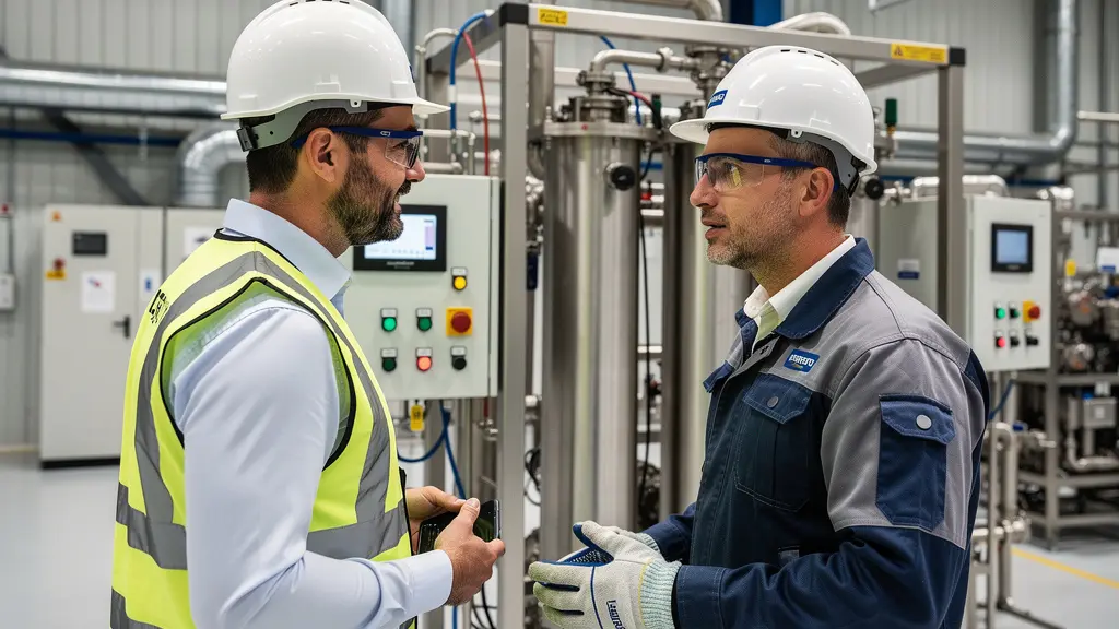 Responsable HSE et opérateur échangeant devant un équipement de filtration industrielle