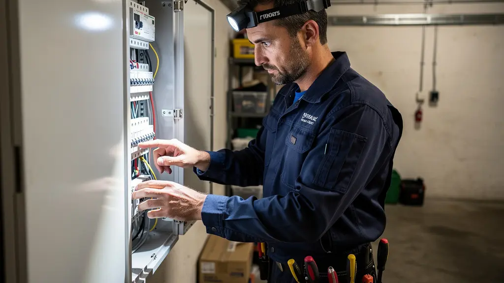 Technicien électricien certifié IRVE inspectant un tableau électrique résidentiel