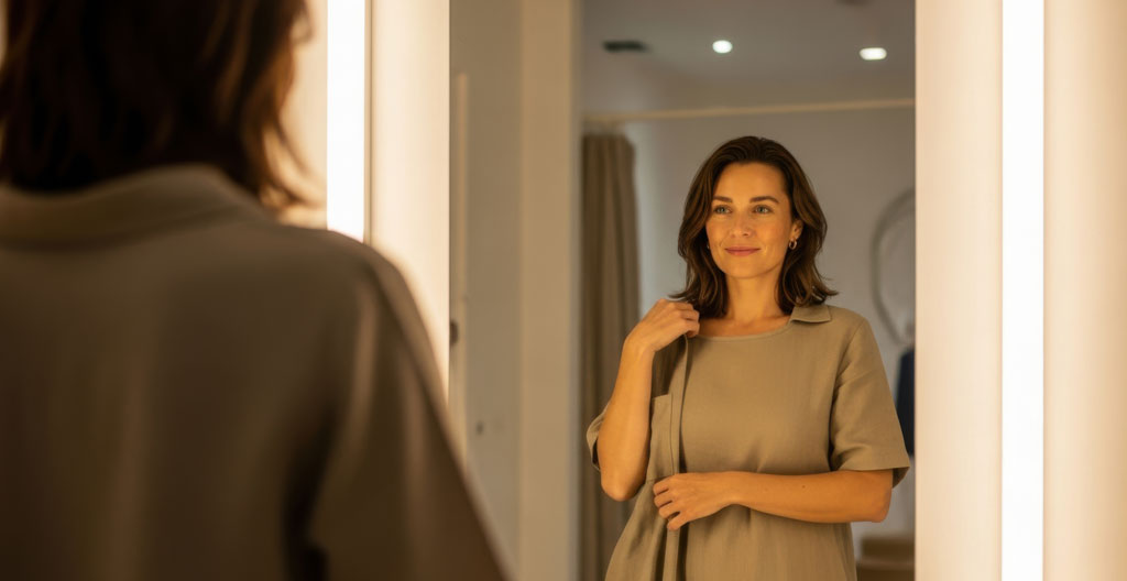 Cliente observant son reflet dans un miroir de salon pendant une consultation coiffure