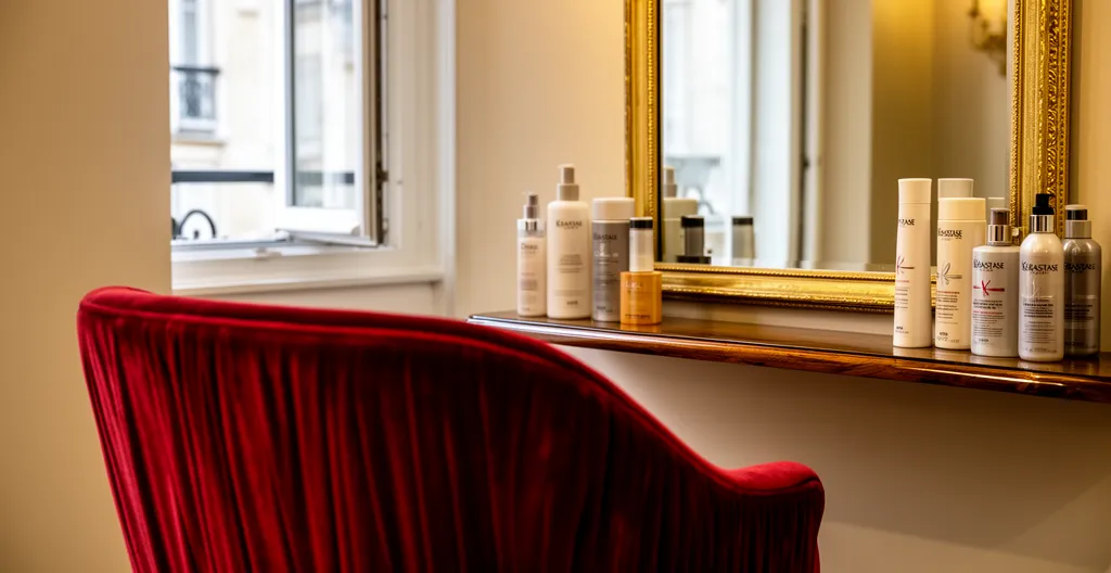 Intérieur de salon de coiffure ambiance boudoir chic avec fauteuil velours et miroir doré