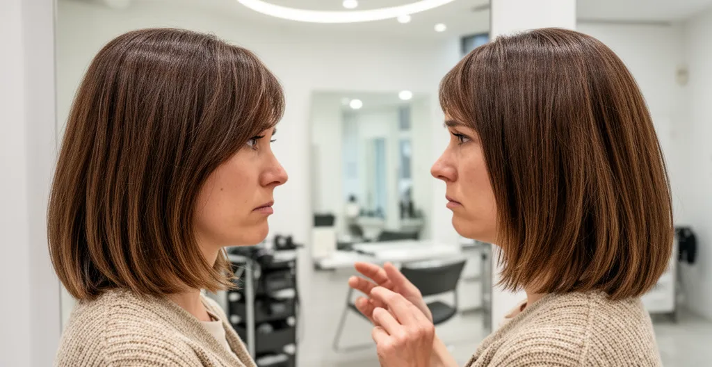 Femme exprimant une légère déception devant un miroir après une coupe de cheveux