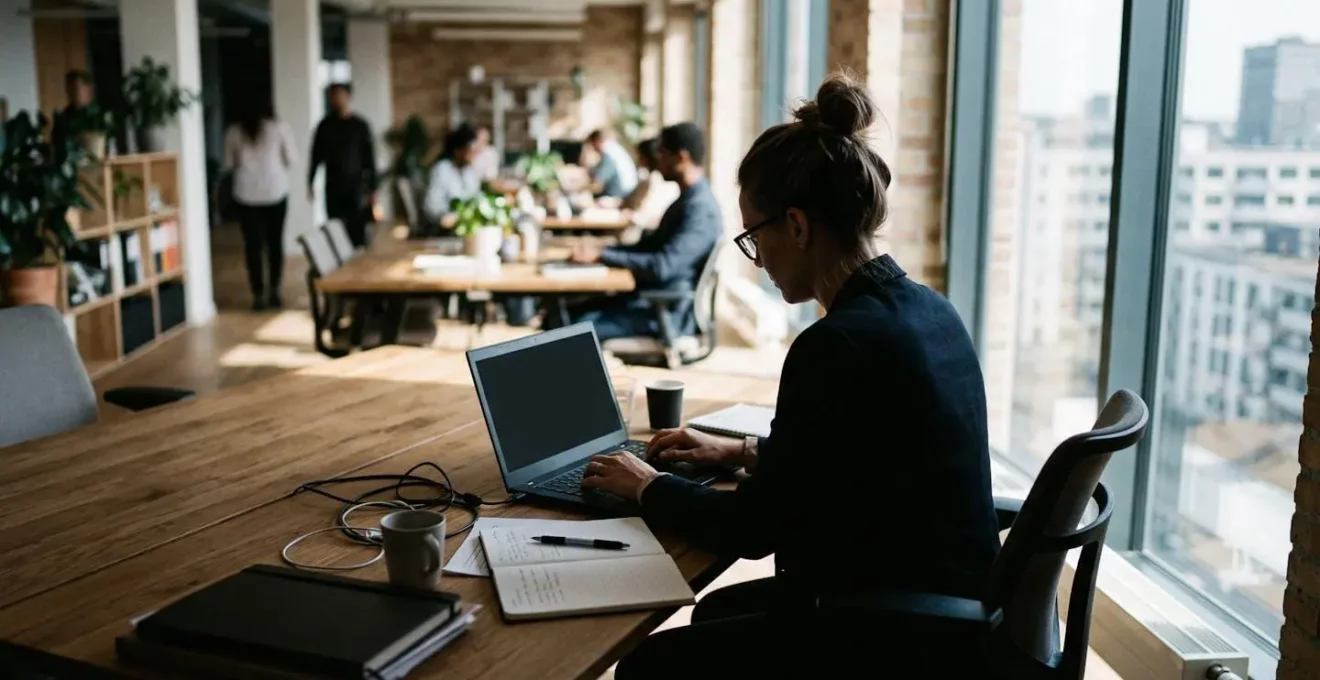 Une professionnelle vue de dos consulte des documents financiers dans un bureau lumineux de PME