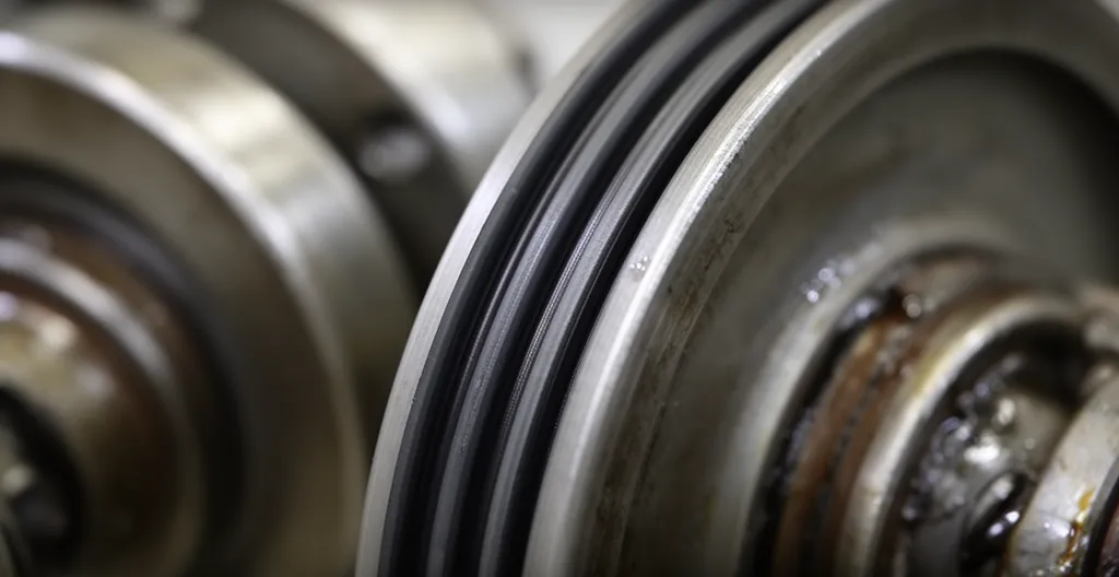 Détail du profil en V d'une courroie trapézoïdale engagée dans la gorge d'une poulie industrielle