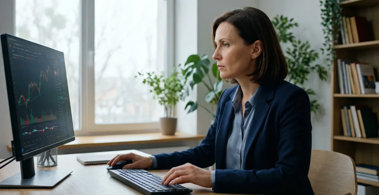 Directrice financière analysant des données subvention investissement sur écran bureau moderne