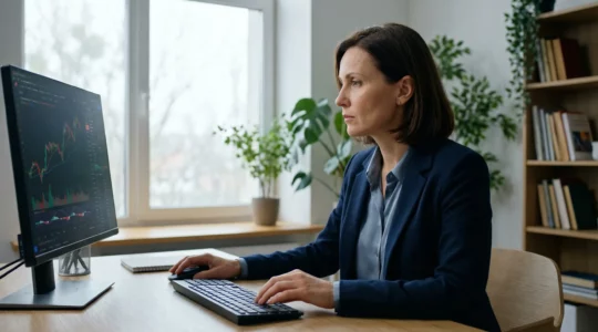 Directrice financière analysant des données subvention investissement sur écran bureau moderne