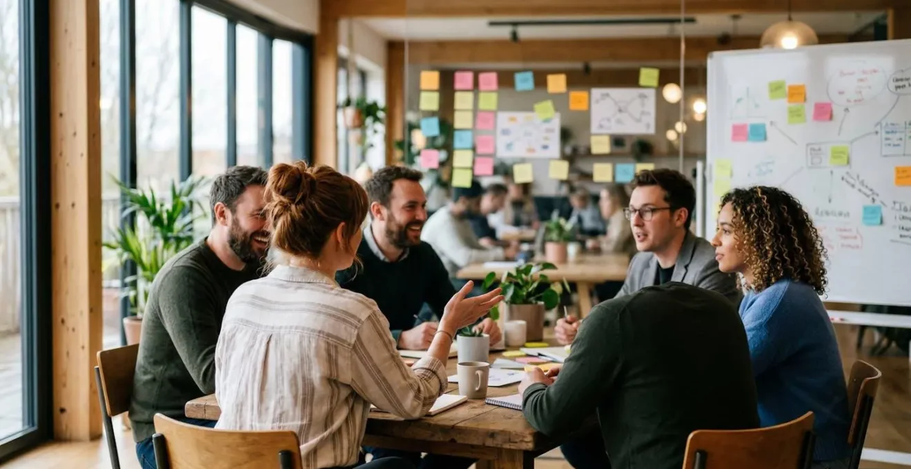 Deux collaborateurs en discussion de profil dans un espace de travail moderne avec tableau blanc flouté en arrière-plan