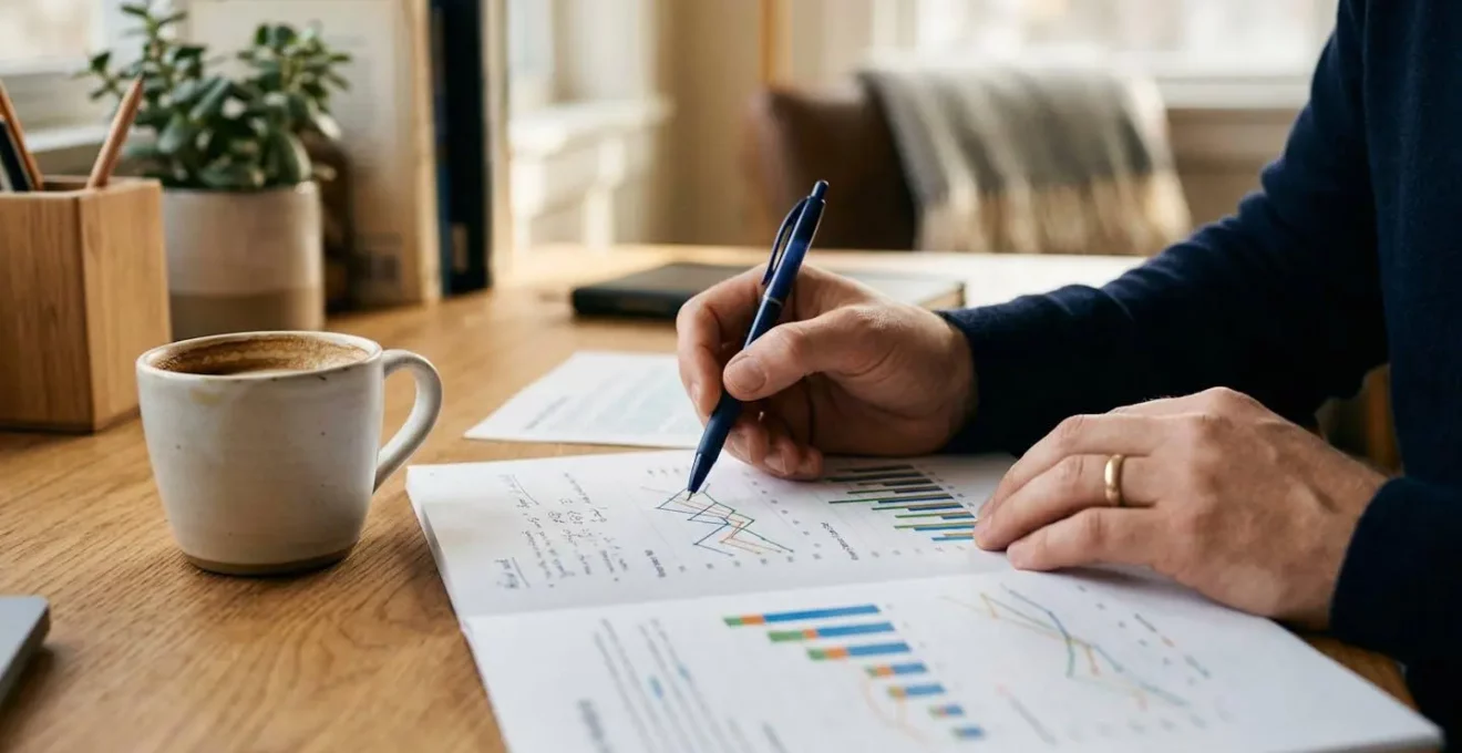 Des mains tiennent un stylo au-dessus de graphiques financiers posés sur un bureau avec une tasse de café