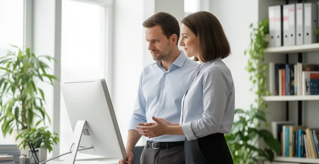 Deux professionnels validant écritures comptables subvention bureau moderne