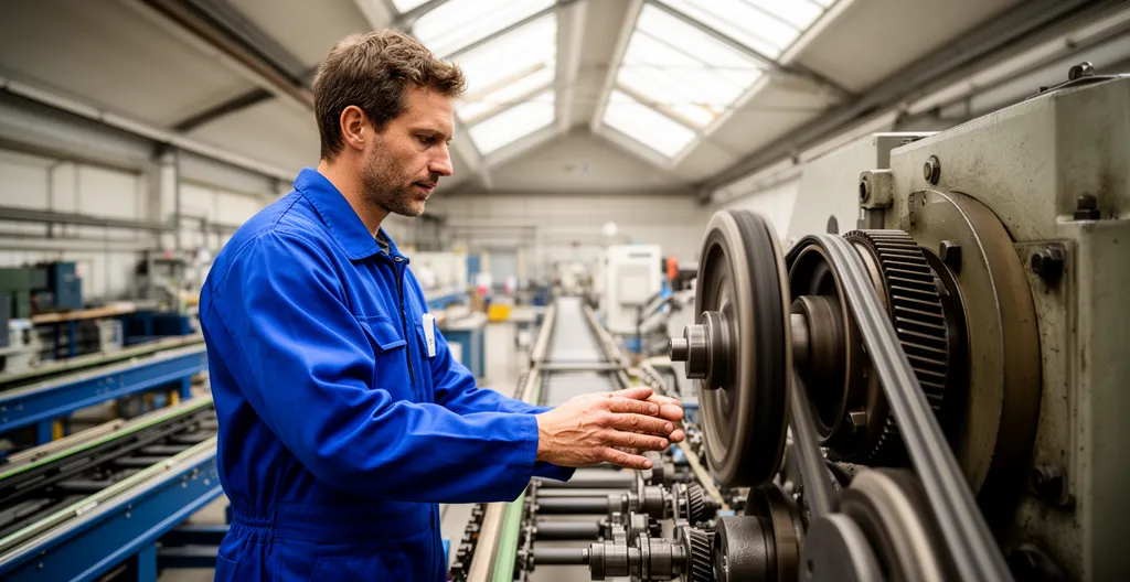 Technicien inspectant système de transmission avec courroies trapézoïdales en atelier industriel