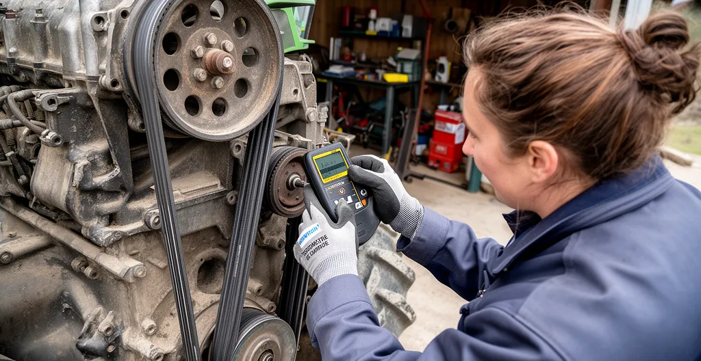Technicienne vérifiant la tension d'une courroie trapézoïdale sur équipement agricole avec tensiomètre