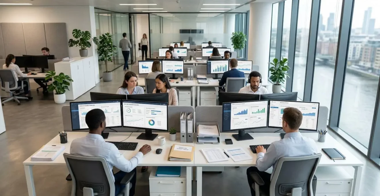 Bureau moderne d'un département financier avec plusieurs écrans affichant des tableaux de bord de suivi de paiements et d'analytics