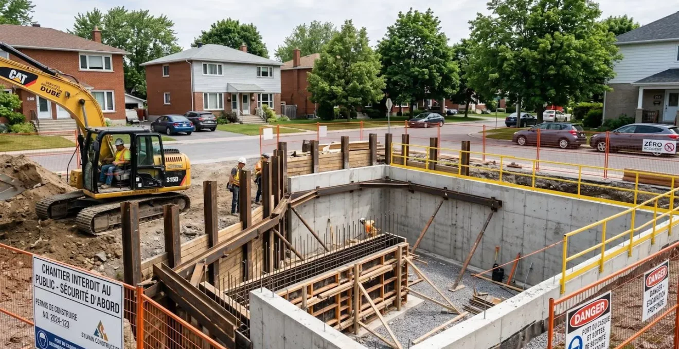 Chantier d'excavation résidentiel montrant des fondations en béton partiellement exposées avec étaiement métallique temporaire et sol dégagé