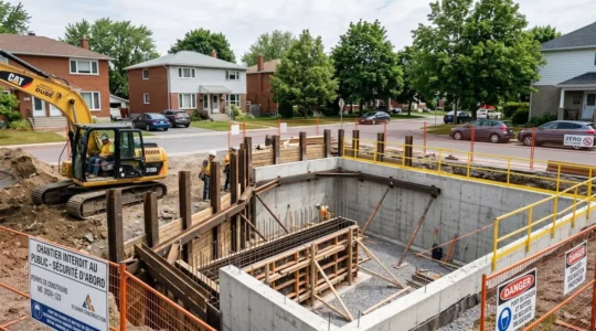 Chantier d'excavation résidentiel montrant des fondations en béton partiellement exposées avec étaiement métallique temporaire et sol dégagé