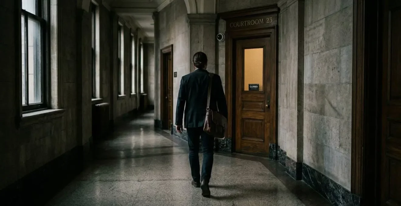 Une personne de dos marche dans un couloir de tribunal vers une porte de salle d'audience, lumière naturelle des fenêtres