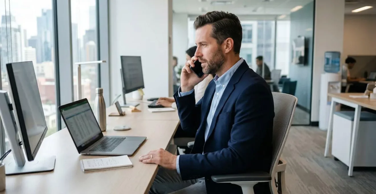 Responsable financier vu de profil lors d'un appel téléphonique professionnel dans un bureau moderne