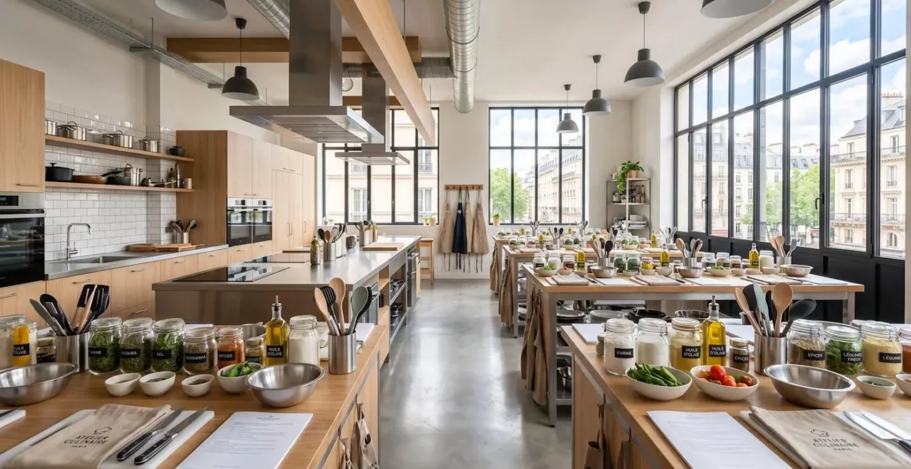 Vue grand angle d'une cuisine atelier professionnelle vide mais préparée avec des plans de travail où sont disposés des ingrédients organisés et des ustensiles, dans un espace lumineux et moderne