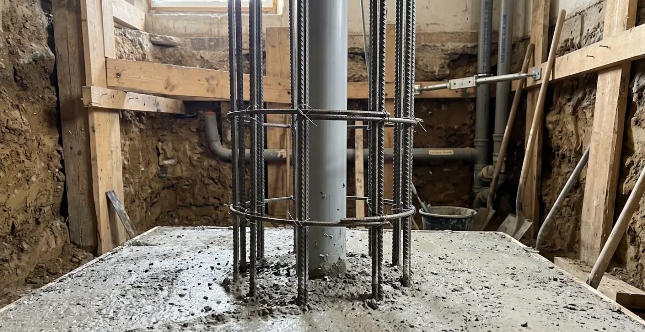 Gros plan sur un micropieu en acier partiellement encastré dans du béton frais avec armature métallique visible et texture granuleuse du béton