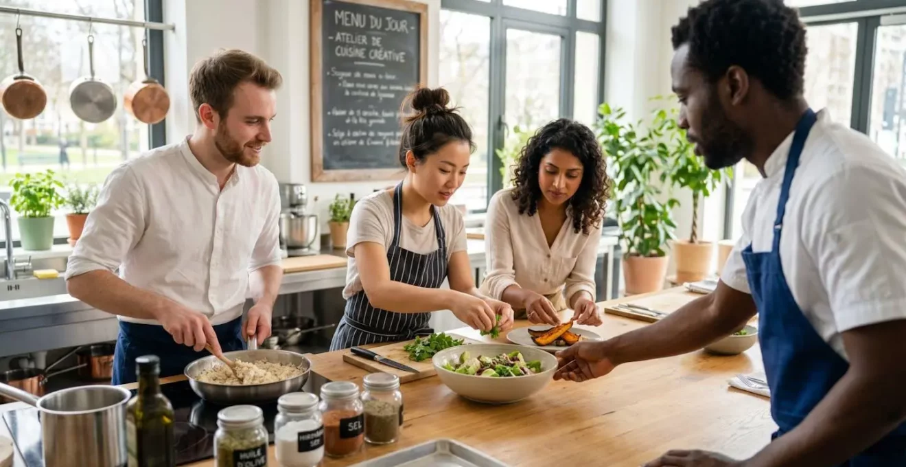 Vue de dos d'une équipe de quatre collaborateurs en tenue décontractée observant ensemble une préparation culinaire sur un plan de travail moderne, avec gestes de coordination visibles