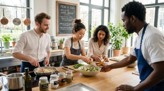 Vue de dos d'une équipe de quatre collaborateurs en tenue décontractée observant ensemble une préparation culinaire sur un plan de travail moderne, avec gestes de coordination visibles